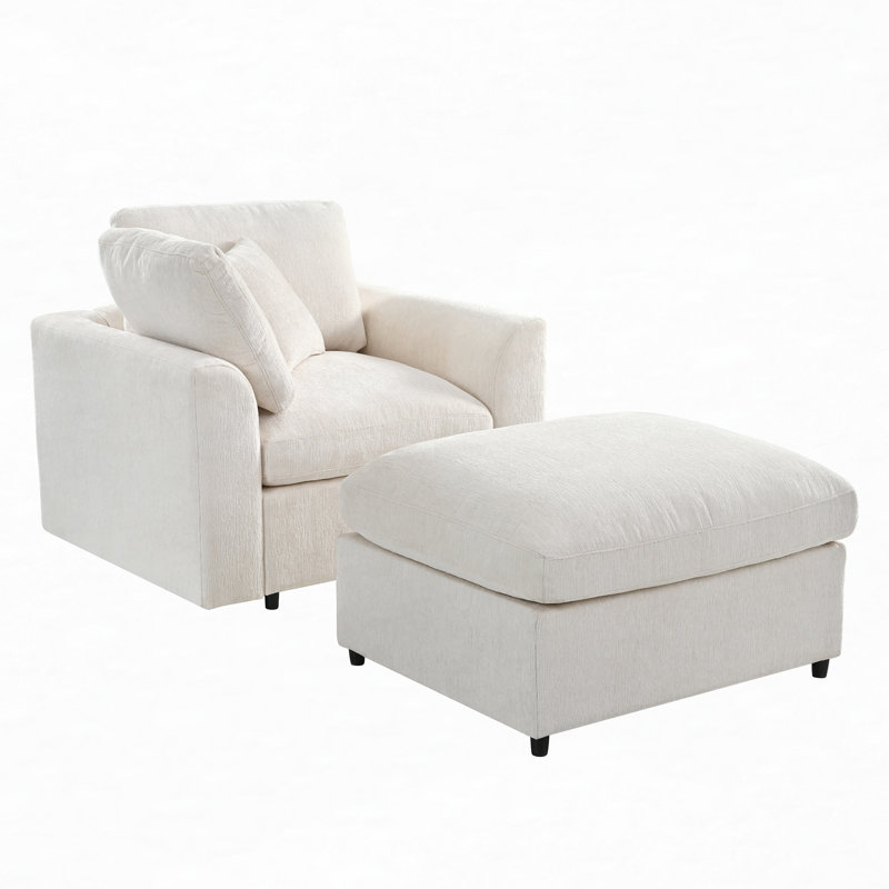 Fauteuil d'appoint en chenille avec repose-pieds et structure en bois massif, Chenille beige