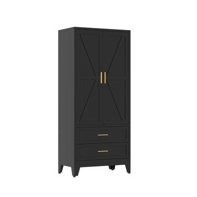 Metal Wardrobe Cabinet For Bedroom, 71" Tall Freestanding Closet System With Drawer And Shelf, Hanging Rod Clothing Organizer With Two Doors, Farmhous by Gracie Oaks