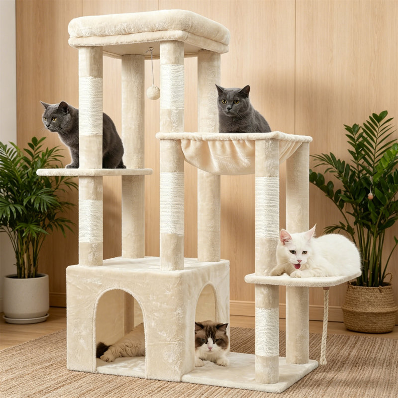 Arbre à chat robuste pour grands chats, multi-niveaux avec poteaux à griffer, hamac et boules, Beige