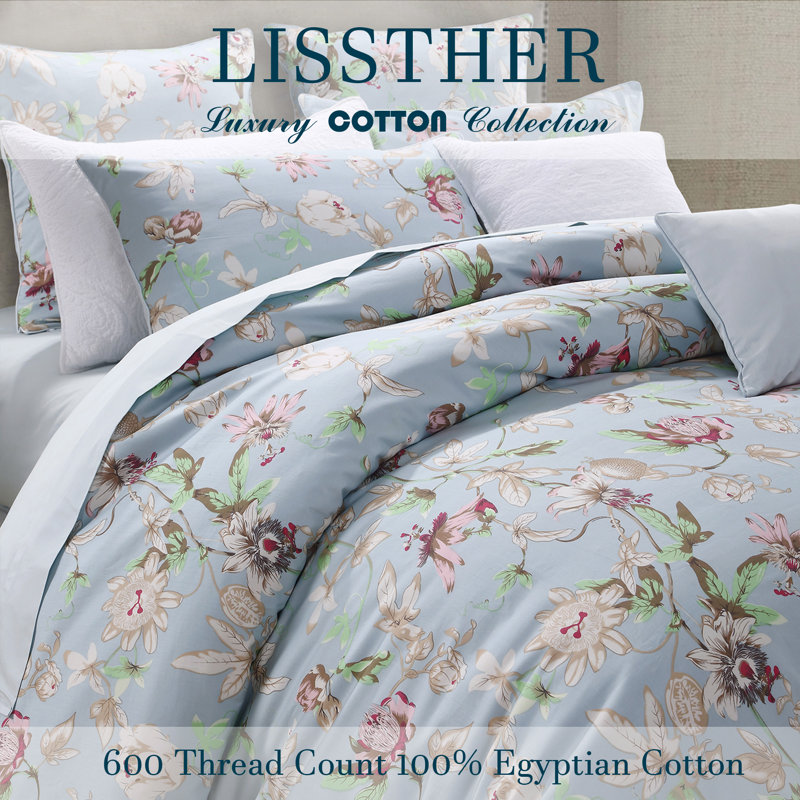  Ensemble de housse de couette 100% coton 800TC 800TC, ensemble de literie de 3 pièces à motif floral rétro de luxe bleu clair, motif botanique esthétique pour chambre d'étudiant