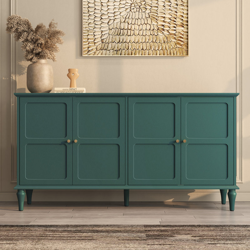 Gurbachan 58" Mid-Century 4-Door Cabinet with Adjustable Shelves and Removable Tall Wine Glass Rack, Green