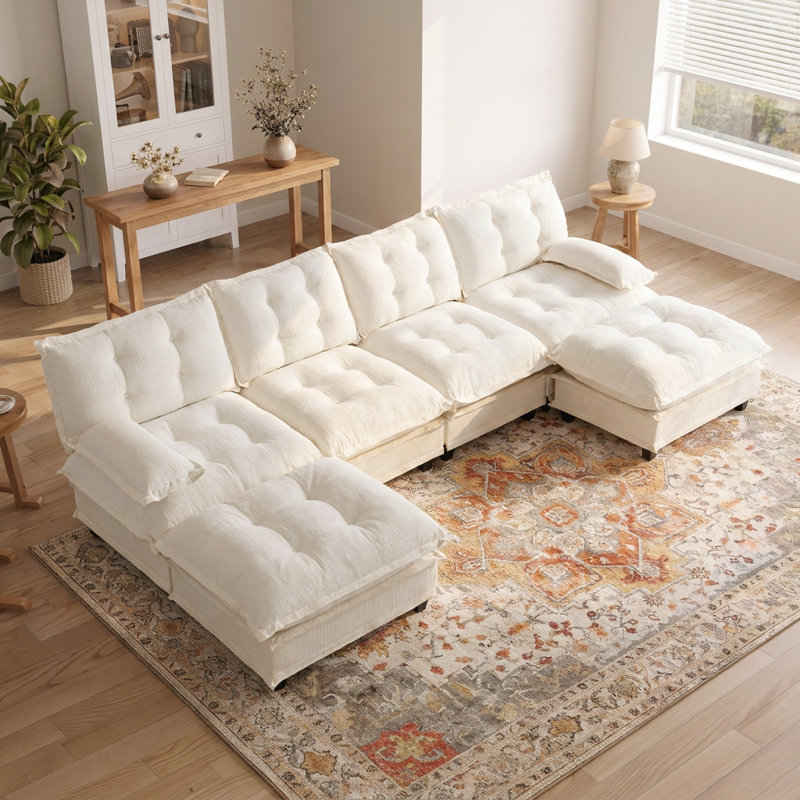 Canapé d'angle modulaire moderne en forme de U de 138 po avec 2 poufs - Canapé à assise profonde avec coussins en treillis et assemblage facile