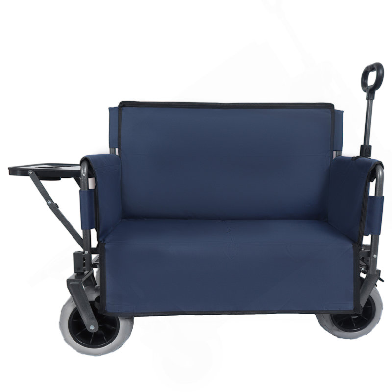 Chariot pliant 3-en-1 avec banquette et plateau de table pliable monté à l'arrière - capacité de 500 lb, pneus de plage 9 po x 4 po pour le camping, la plage, bleu foncé