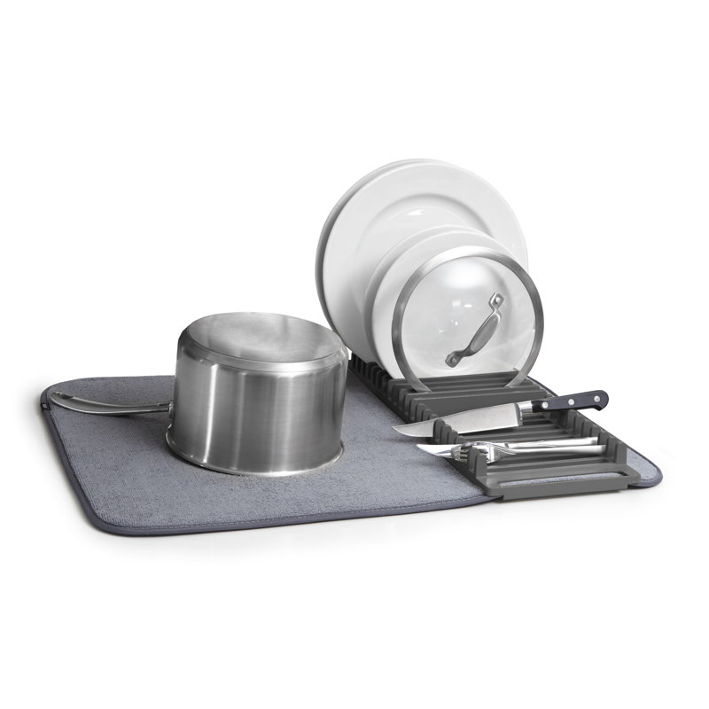 Charcoal Foldable Plastic Dish Drying Rack with Mat