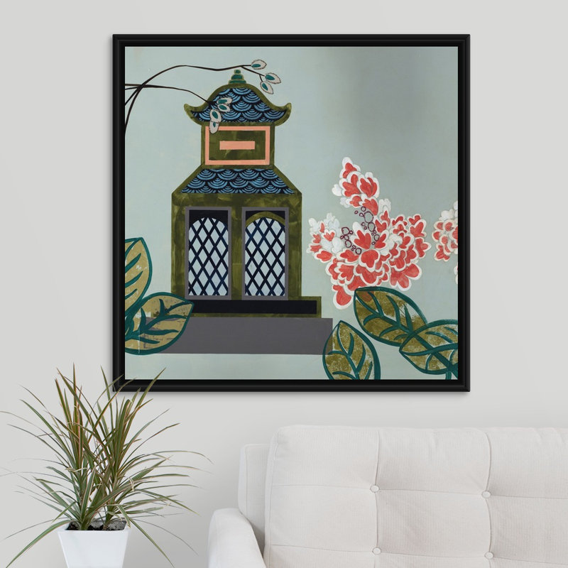 « pagode iii », peinture sur toile, H 31,7 po x l 31,7 po x p 1,75 po, Cadre flottant noir