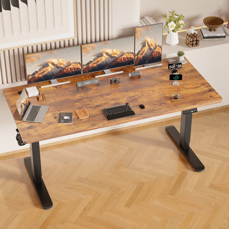 Adjustable Metal Base Standing Desk, Brown/Black, 72cm H x 160cm W x 80cm D