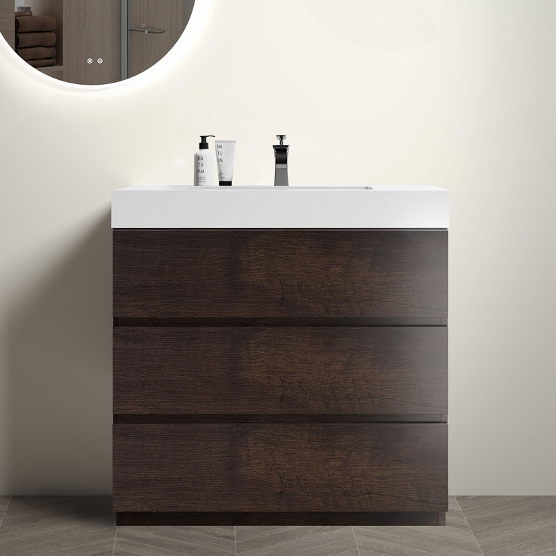 Meuble-lavabo autoportant avec grand lavabo et rangement, Blanc/noyer, Blanc