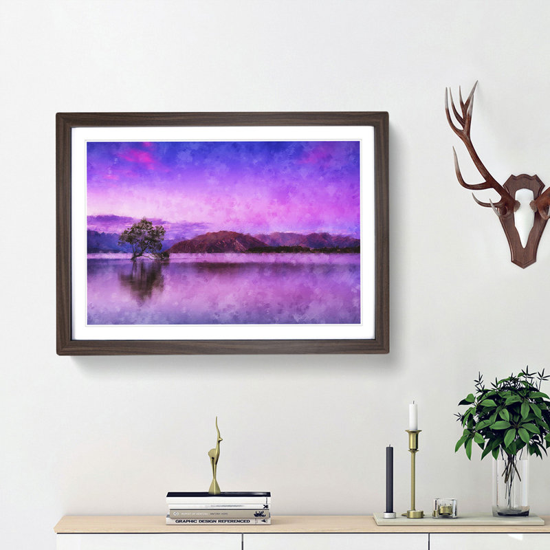 Lone Tree Under a Purple Sunrise - Picture Frame Graphic Art Print, 24cm H x 33cm W x 2cm D, Walnut Framed