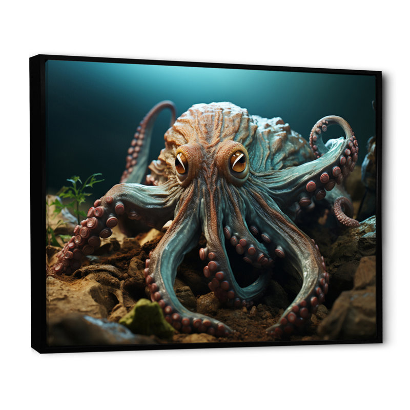 Teal Octopus Lunar Reflections sur toile, Cadre flottant noir, H 16 po x l 32 po x P 1 po