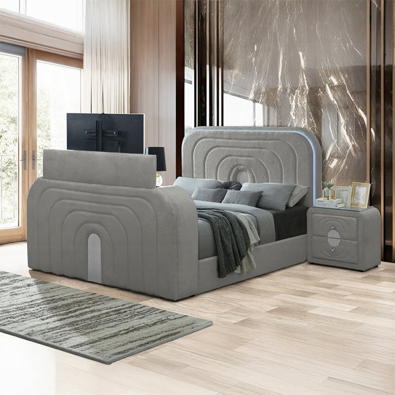 Lit Shelyn avec DEL, meuble télé, foyer et Bluetooth, Très grand