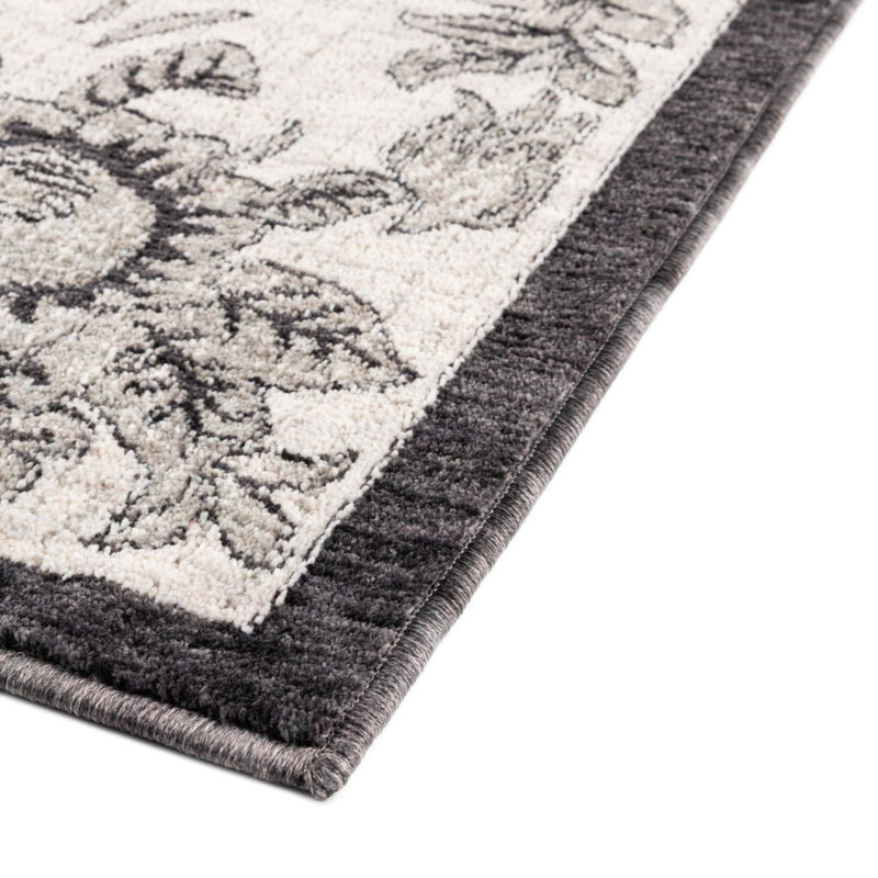 Traditional Policarpio Area Rug Ivory-Black Color, Runner 2' x 6'
