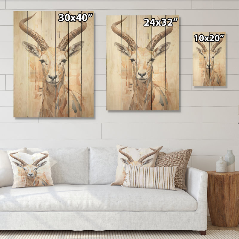Minimalisme beige antilope bouquetin I - art mural en bois d'antilope sur bois de pin naturel, H 32 po x l 24 po