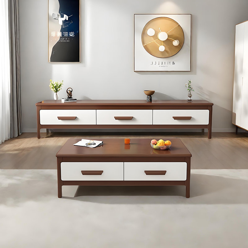 Ensemble de table basse et meuble télé en bois massif, Blanc / Brun foncé, Marron foncé