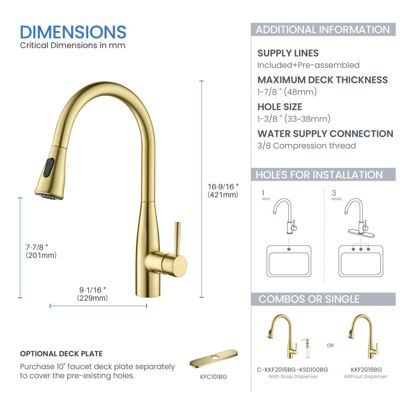 Bari-T Pull Down Single Handle Kitchen Faucet, Brushed Gold