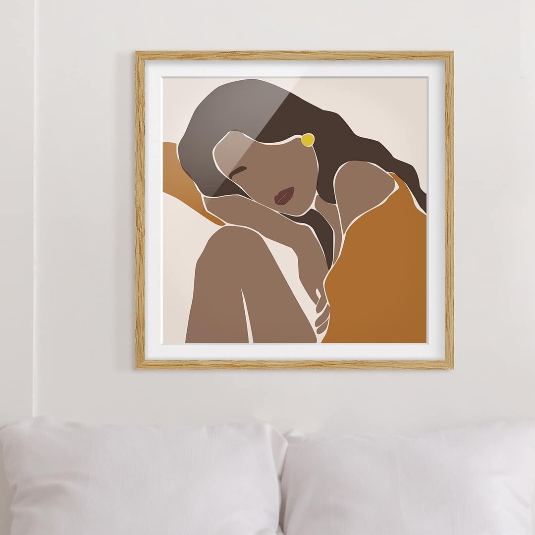 Gerahmtes Poster Line Art Woman Brown Beige