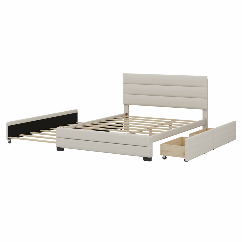 Lit plateforme tapissier avec lit gigogne et deux tiroirs