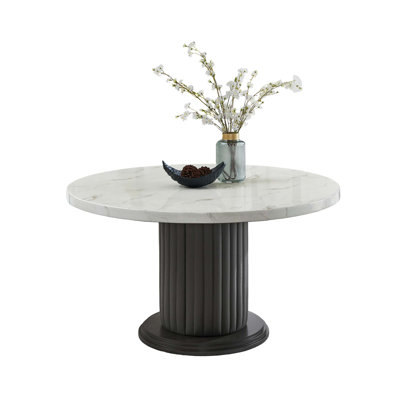 54 Inch Round Faux Marble Dining Table With PVC-Upholstered Pedestal And Wood Base, Seats 6