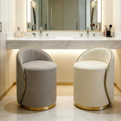 No Assembly 360° Swivel Vanity Stool with Back, Barrel Makeup Chair for Dressing Room Bedroom（ Grey）