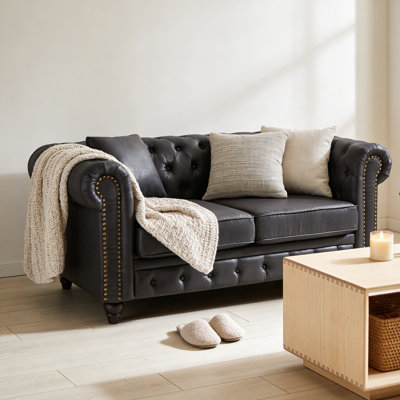 Fabric Chesterfield Sofa, 62" 2-Seater Couch with Rolled Arms & Button Tufted Design, Solid Wood Frame, Spring+Foam Cushions for Comfort, Dark Brown Wood Legs, for Living Room, Apartment, Office