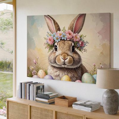 Canvas Wall Art Flower Crown Rabbit Canvassoft Springtime Ready To Hang Gallery Wrapped Home Decor Modern Design Premium Quality Decor