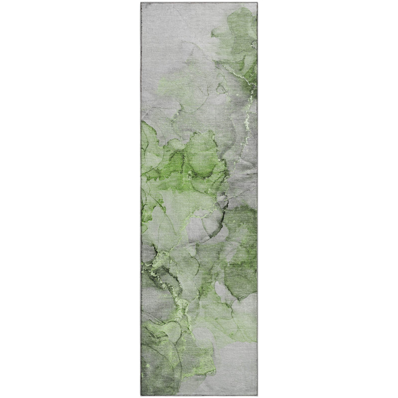 Premium Machine Washable Cerrito AMF520 Green Rug, Runner 2'3" x 7'6"