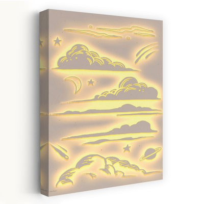 Stellar Silence - Contemporary Clouds And Stars Neon Sketch Art Yellow Light Glow Art