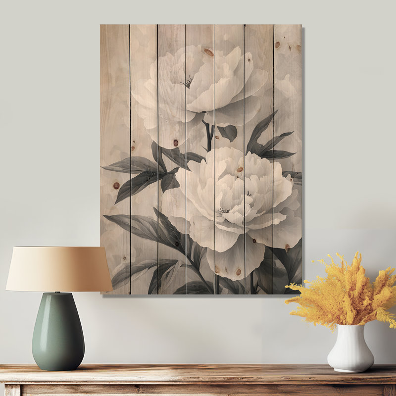 Monochrome Soft Focus Peonies I - Peonies Wood Print - On Natural Pine Wood, 40" H x 30" W x 0.78" D