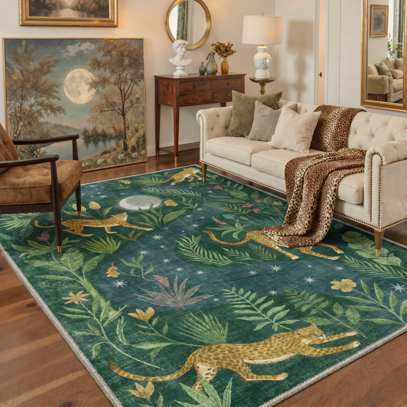 Alcoa Aura Silk Animal Print Machine Washable Green / Yellow Indoor Area Rug with Non-Slip Backing, Round 5'