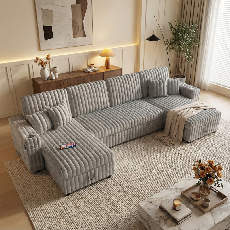 110.6" Oversized U-Shaped Sectional Sleeper Sofa with Pull-Out Bed & Double Storage Chaise, Corduroy Fabric Couch for Living Room，gray