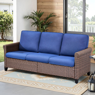 Canapé d'extérieur en osier de 76 po de largeur avec coussins et accoudoirs ronds, canapé d'extérieur en rotin PE toutes saisons pour balcon, terrasse, bord de piscine, bleu