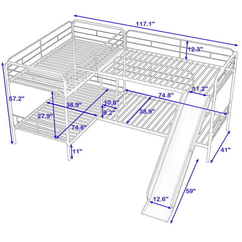 Alfortville Twin Over Twin Metal L-Shaped Bunk Beds with Slide, Black