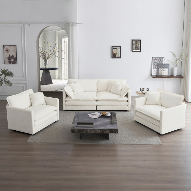 Ensemble de canapés modernes 3 pièces avec coussins d'accoudoirs et coussins décoratifs, ensemble de canapés comprenant 2 fauteuils et 1 canapé à 2 places, ensemble de canapé décontracté peu encombrant, chenille