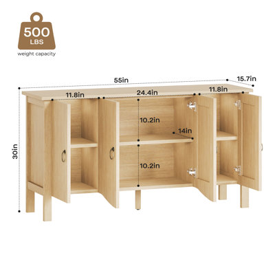 55"W Solid Wood Modern Sideboard Buffet Storage Cabinet
