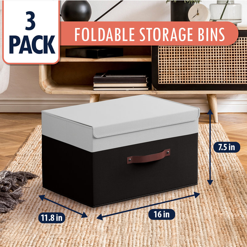 Ensemble de boîtes pliables en tissu, Blanc / noir, H 7,5 po x l 11,8 po x P 16,5 po