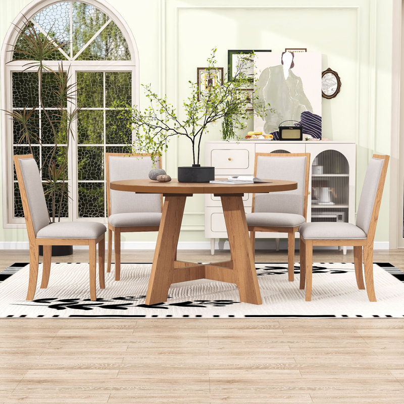 Ensemble de table de salle à manger 5 pièces, table de salle à manger extensible en bois avec rallonge amovible et 4 chaises rembourrées