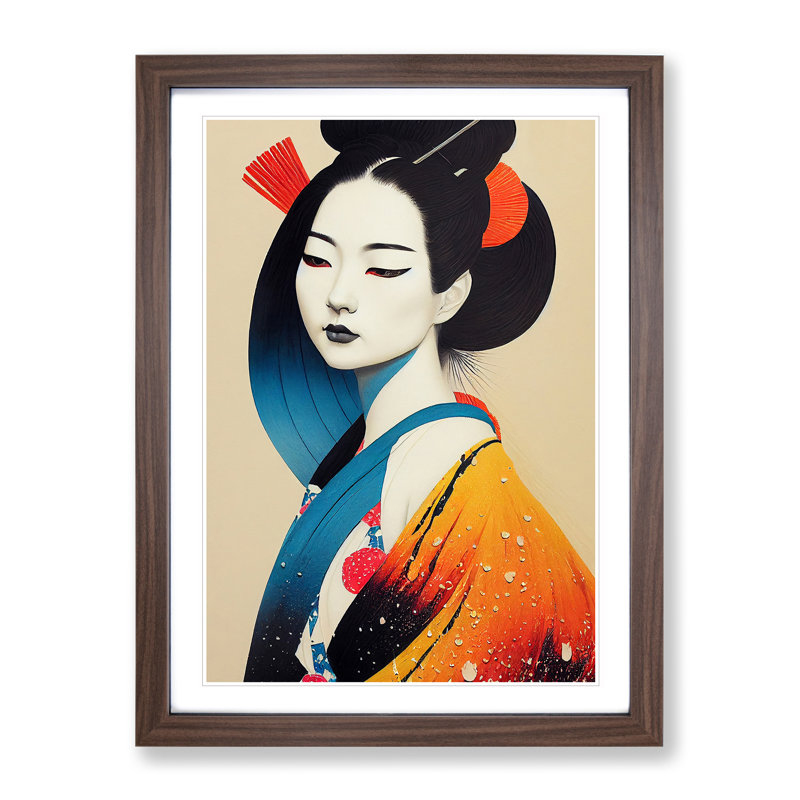 Colourful Geisha No.2 - Single Picture Frame Painting, 34cm H x 25cm W x 2cm D, Walnut