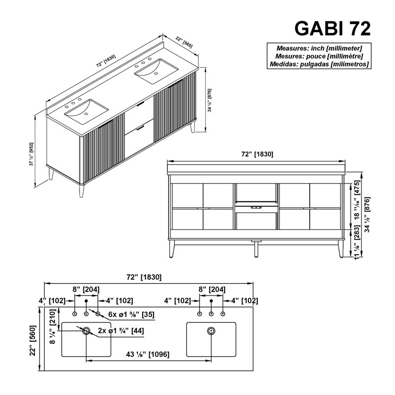 Meuble-lavabo autoportant en noyer chaud 72 po Gabi