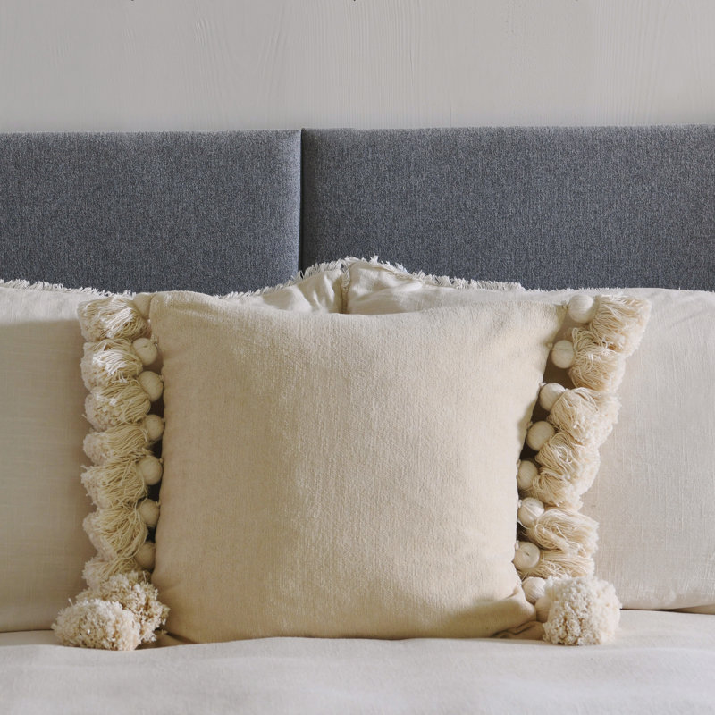 Tassels Cotton Reversible Throw Pillow, Cream, 18" x 18"