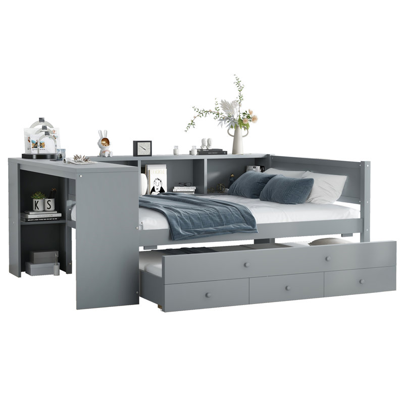 Full Size Daybed With Trundle, Wood Day Bed Frame With Storage Drawers And Side Shelves, Daybed With Desk, No Spring Box Needed