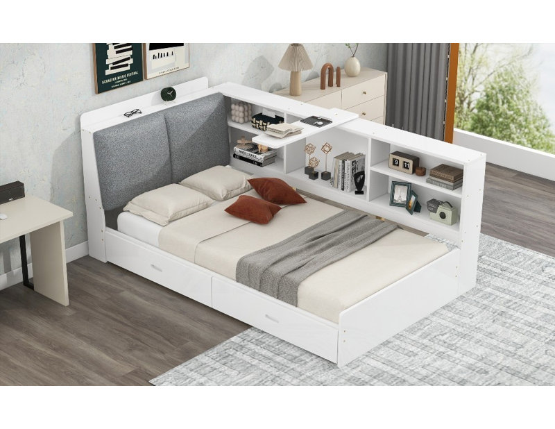 Lit plateforme robuste en bois avec lit gigogne, tablettes et amp; Tête de lit avec rangement (aucun sommier requis), Blanc