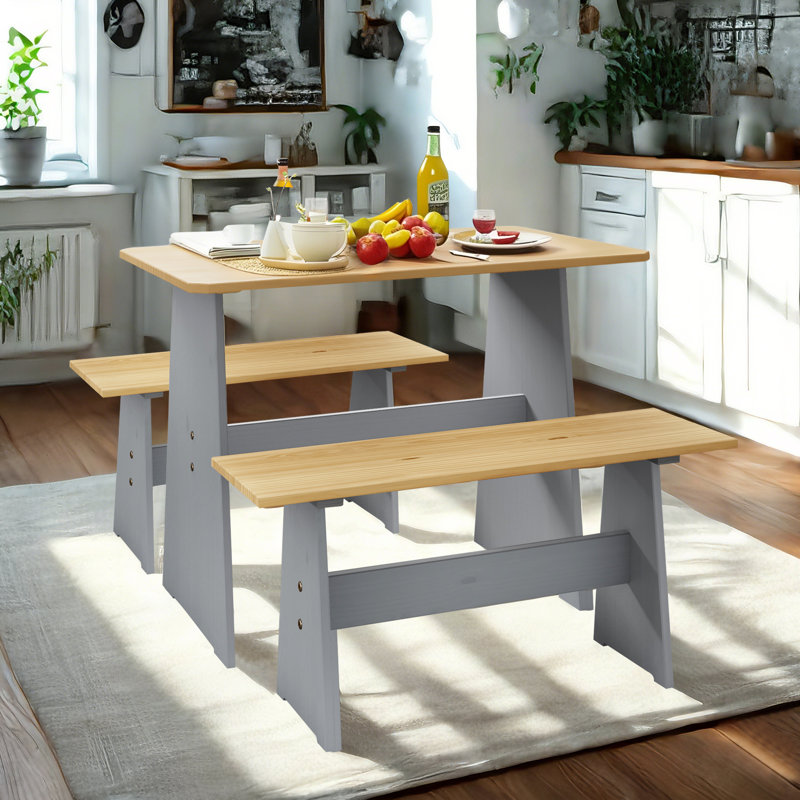 Ensemble de table de salle à manger avec 2 bancs, table de cuisine peu encombrante pour 4 personnes - Ensemble de table de salle à manger compacte 3 pièces pour cuisine / appartement / café