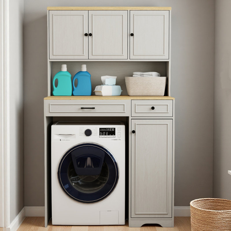 Over The Washer, Dryer And Robot Vacuum Storage Cabinet Suitable For Compact Washing Machines, Laundry Room Storage Organizer With 1 Laundry Basket, 1 Drawer And 2 Adjustable Shelves