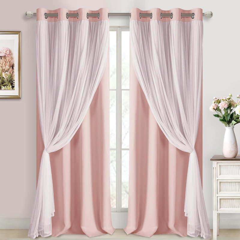2 Panels Blackout Curtains with Sheer Overlay Thermal Insulated Mix & Match Double Layer Window Panels Drape Sewn with Tiebacks Grommet Top for Bedroom Living Room
