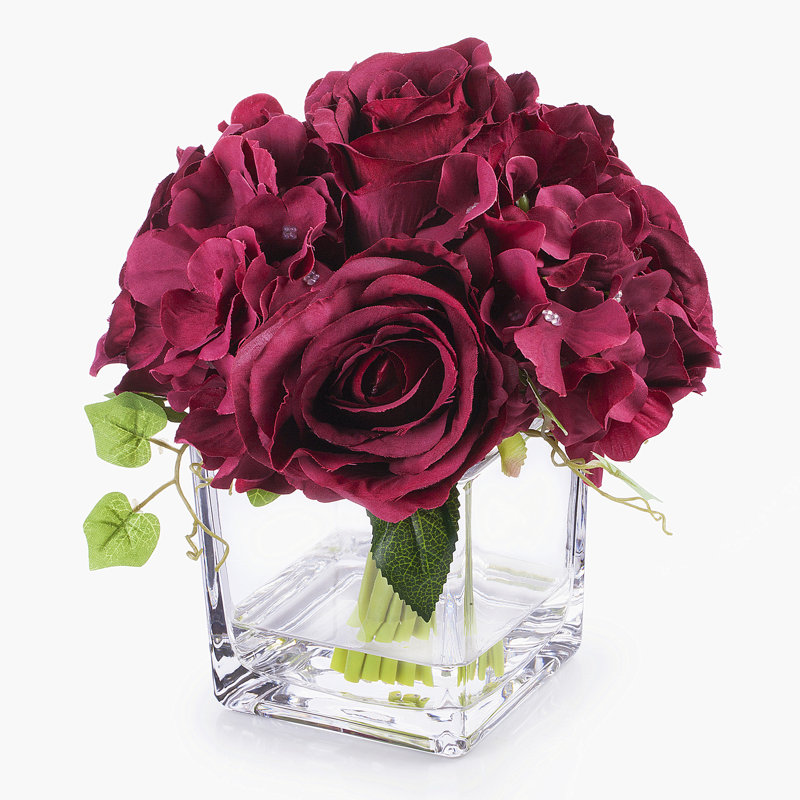 Burgundy Silk Hydrangea and Rose Arrangement in White Glass Vase