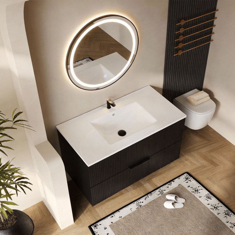 Bathroom Vanity Cabinet with Sink Black Wall Mounted Bathroom Vanities with Ceramic Sink Floating Fluted Sink Vanity with Drawers,Modern