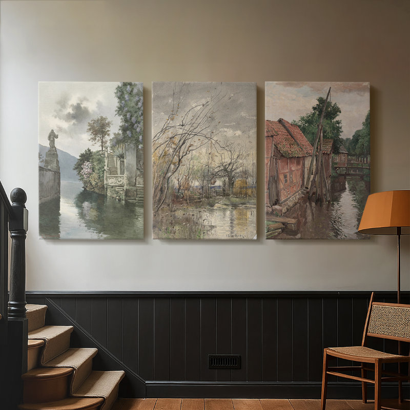 Paysage rétro CXV III - Toile tendue avec châssis sur mesure - 3 pièces, H 36 po x l 72 po