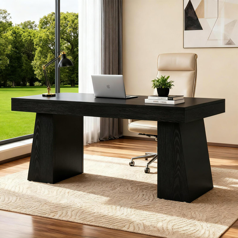 Bureau de direction moderne de 55 pouces de style Mid-Century - poste de travail de bureau à domicile avec base trapézoïdale double, table d'écriture élégante et bureau de conférence, mobilier de bureau en bois noir