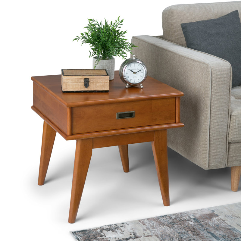 Draper 22"W Solid Wood Mid-Century Modern Rectangular End Table with Storage Drawer, Teak Brown
