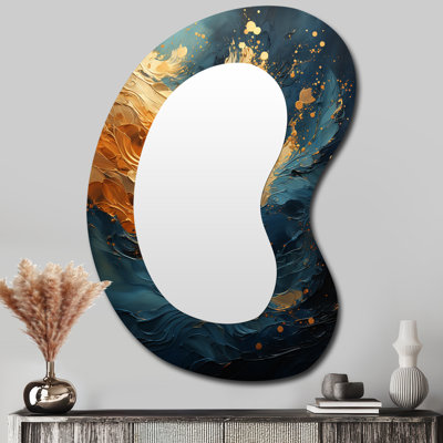 Isak Golden Sapphire Surge III - miroir à forme unique spirales abstraites, grand miroir mural asymétrique doré, impression sur métal