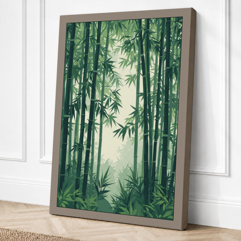 Misty Bamboo Grove Japandi 1 Piece Wrapped Canvas Wall Art, 24x16 - 61.0 x 40.6 cm, Taupe Border